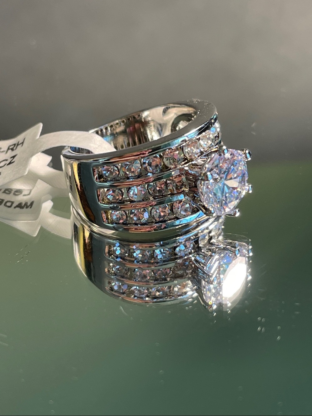 Silver Rhodium With White Center Crystal Triple-Row Statement Ring Size 6
